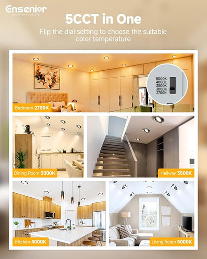 Ensenior 12 Pack 4 inch 5CCT LED Gimbal Led Recessed Light with Junction Box, 360°+90° Adjustable Directional Lighting, Dimmable, CRI90+, 2700K/3000K/3500K/4000K/5000K, 900LM, 10W=85W-ETL&FCC, Black