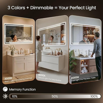 48x36 LED Bathroom Mirror with Anti-Fog, Backlit & Front Lit, Memory | Stepless Dimmable 3 Color CRI 95+ Shatterproof Tempered Glass ETL Listed for Safety Lighted Bathroom Vanity Mirror for Wall