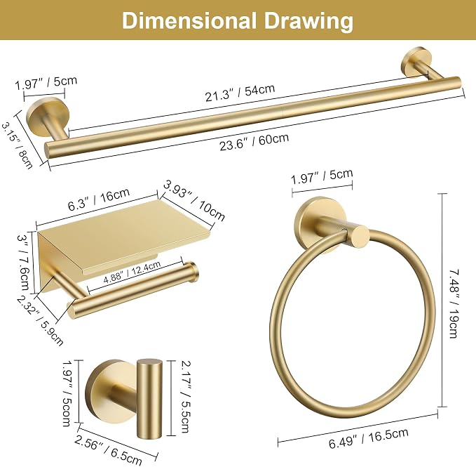 Brushed Gold Bathroom Hardware Set, 5 Pieces Gold Towel Bar Bathroom Accessories, Upgraded Toilet Paper Holder with Shelf Set, 23.6 Inch Towel Rack Towel Holder for Bathroom Wall