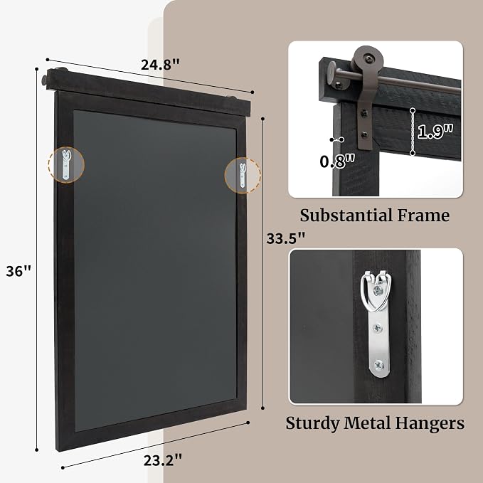24"x36" Black Wood Grain Barn Door Vanity Mirror with Wood Header | 100% solid wood, HD tempered glass, bronze-tone iron rail; farmhouse vanity mirror for over sink, powder room, entryway