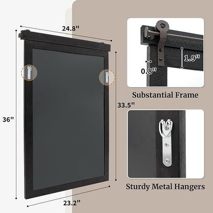 24"x36" Black Wood Grain Barn Door Vanity Mirror with Wood Header | 100% solid wood, HD tempered glass, bronze-tone iron rail; farmhouse vanity mirror for over sink, powder room, entryway