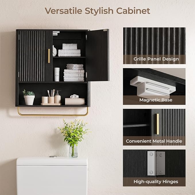 Bathroom Wall Cabinet, Medicine Cabinet with Fluted Door & Adjustable Shelf | Over The Toilet Storage Cabinet with Towel Bar, Space-Saving Cabinet Wall Mount for Laundry Room, Kitchen, Living Room