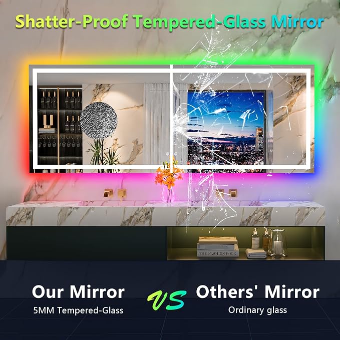 96x36 LED Bathroom Mirror with Lights, RGB Backlit Lighted Mirror | Backlit and Front Light, Anti-Fog, 3 Color Dimmable, Memory, Tempered Glass, IP54 Waterproof, UL Listed
