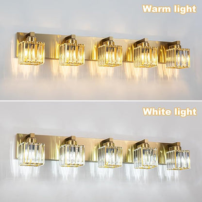Gold Crystal Bathroom Vanity Lights, 5 Lights Bathroom Lighting Fixtures Over Mirror Modern Gold Crystal Wall Light with Square Shade