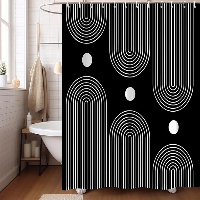 Black and White Shower Curtain, Boho Minimalist Mid Century Modern Arch Geometric Machine Washable Waterproof Fabric for Bathroom Bathtub with Hooks 60Wx72H