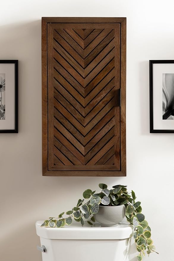 Kate and Laurel Mezzeta Decorative Modern One-Door Floating Bathroom Cabinet, 15 x 7 x 28, Brown, Decorative Over Toilet Storage Cabinet Made from Solid Mango Wood with Slatted Chevron Design