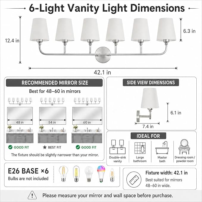 Bathroom Vanity Light Brushed Nickel Bathroom Lighting Fixtures Over Mirror | 6-Light Bathroom Light Fixtures with Flared White Fabric Shade, E26 Socket (ETL Listed)