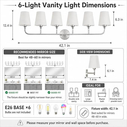 Bathroom Vanity Light Brushed Nickel Bathroom Lighting Fixtures Over Mirror | 6-Light Bathroom Light Fixtures with Flared White Fabric Shade, E26 Socket (ETL Listed)