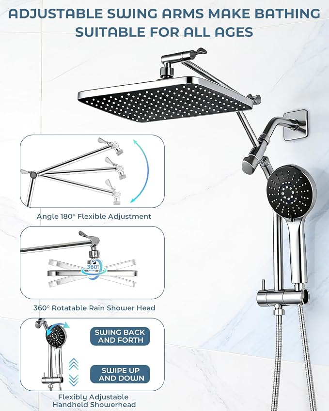 Shower Head with Handheld,High Pressure Chrome Slide Bar ShowerHead | Regaderas Para Shower,11.8" Rectangular,Rain Shower Head,Dual Shower Head,Bathroom Decor,Extension Arm,5 Spray Mode