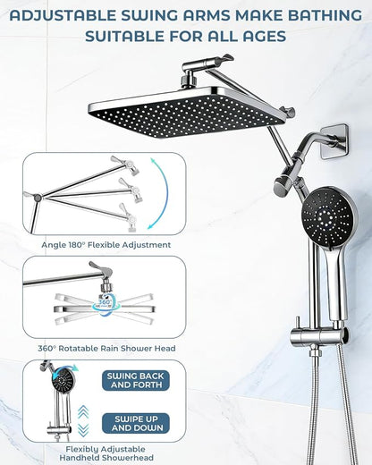 Shower Head with Handheld,High Pressure Chrome Slide Bar ShowerHead | Regaderas Para Shower,11.8" Rectangular,Rain Shower Head,Dual Shower Head,Bathroom Decor,Extension Arm,5 Spray Mode