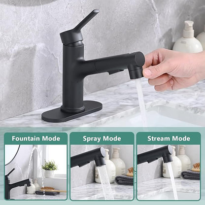 Bathroom Sink Faucet with Pull Out Sprayer, Single Handle Modern Bathroom Basin Faucet with Pop-up Sink Drain Stopper & Deck Plate 1 or 4-inch Centerset 3 Hole, Matte Black