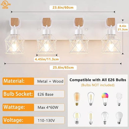 FadimiKoo 4-Light Farmhouse Vanity Lights for Bathroom, White Wood Bathroom Light Fixtures Over Mirror, Rustic Vanity Lights with Metal Shade, Bathroom Lighting for Living Room, Bedroom, Hallway