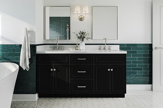 ARIEL Hamlet 66-inch Bathroom Vanity with Sink,Solid Wood, 1.5-inch Pure White Quartz Countertop & Backsplash, Double Rectangular Porcelain Sink, 4 Soft Closing Doors, 3 Dovetail Drawers, Black
