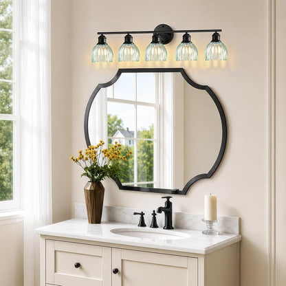 Bathroom Light Fixtures, 5-Light Brushed Black Vanity Lights for Bathroom with Blue Tulip Glass Shade, 30" Vintage Bathroom Vanity Lighting Fixtures Over Mirror for Bedroom Living Room Hallway