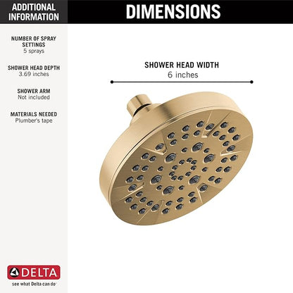 Delta 5-Setting Champagne Bronze Shower Head with High Pressure Spray, 6 Inch Round Shower Head, Showerheads, 1.75 GPM Flow Rate, Champagne Bronze 52535-CZ