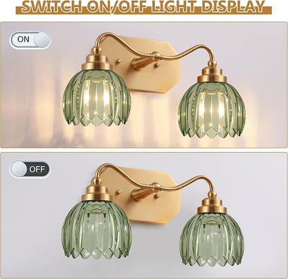 Vintage Gold Vanity Lights, 2-Light Green Tulip, Antique Brass Finish | Brushed Gold Bathroom Light Fixtures, Crystal Wall Sconce Ideal for Bedroom, Living Room, E26 Compatible, Easy Install