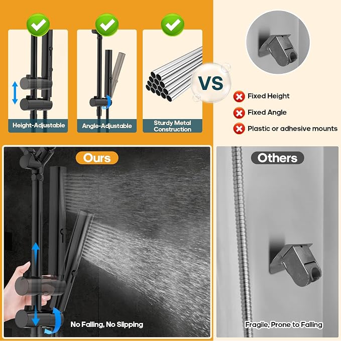 High Pressure Rain Shower Head with Handheld Combo, 10 Inch Square Rainfall Showerhead, Adjustable Slide Bar Dual Shower System, 3 Spray Modes, 59" Stainless Steel Hose, Matte Black