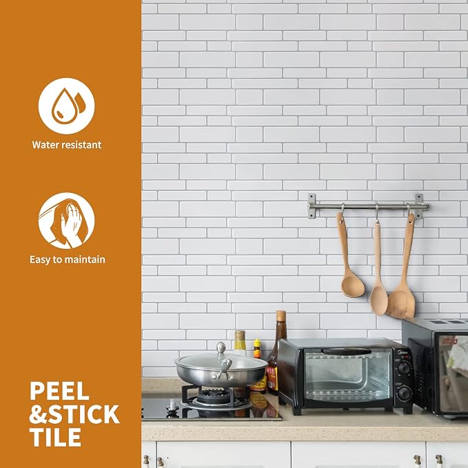 WOWSTAR 10-Sheet White Peel and Stick Backsplash Tiles for Kitchen, Marble Look Stick on Tiles for Kitchen, 12 inches x 12 inches | Peel and stick backsplash, self-adhesive wall tile, White, marble, waterproof, kitchen bathroom wall, 10-sheet, set A
