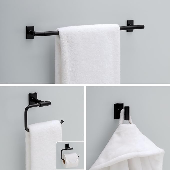Franklin Brass Hartwell 3-Piece Bathroom Set Matte Black 18" + 6" Towel Rack, Toilet Paper Holder/Hand Towel Holder, Hook | 3-Piece Bath Hardware Accessories Set HRT63-MB