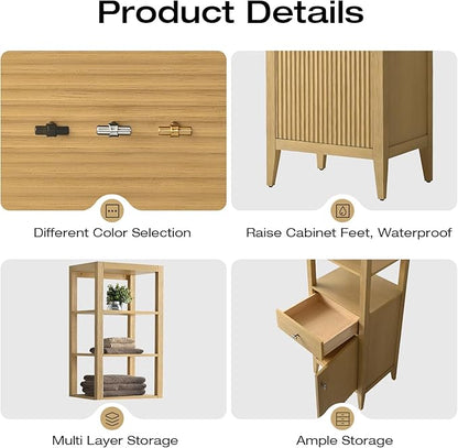 Vanity Art Vanity with Storage Cabinet & Shelves, Free-Standing Vanity with Soft-Closing Doors, Natural Oak, Golden Brushed Handware VA91-LC-NO-GB
