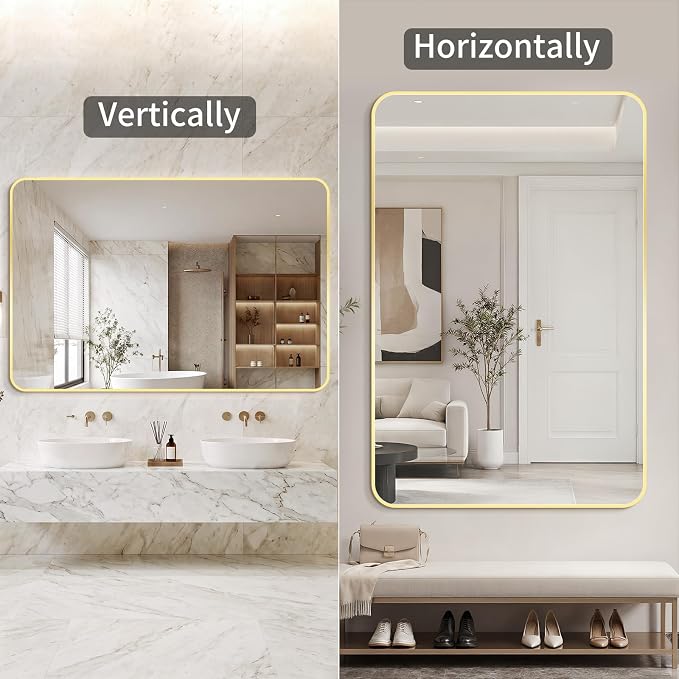 Bathroom Mirror for Wall, 30"x55" Black Bathroom Mirror for Over Sink, Shatterproof Tempered Glass Vanity Mirror with Anti-Rust Aluminum Alloy Frame, Hang Horizontally or Vertically, Gold