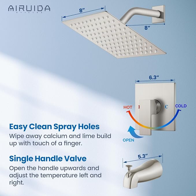 Airuida 8 Inch Shower Faucet Set,Bathtub Faucet Kit,Brushed Nickel | Shower Tub Faucet Set,Male Threads Rough-In Valve,Square Head Shower System