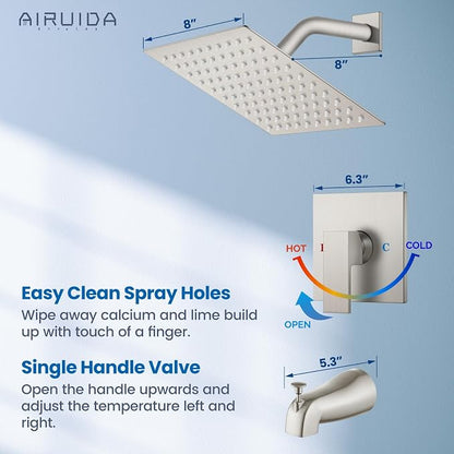 Airuida 8 Inch Shower Faucet Set,Bathtub Faucet Kit,Brushed Nickel | Shower Tub Faucet Set,Male Threads Rough-In Valve,Square Head Shower System
