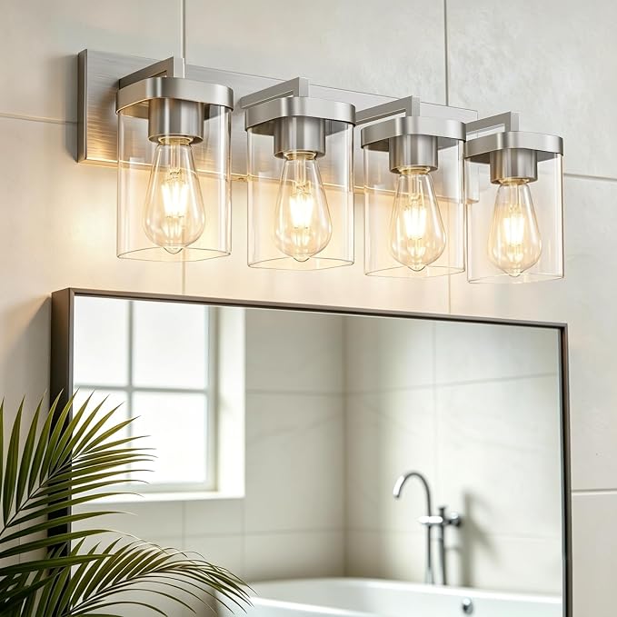 4-Light Bathroom Lighting Fixtures over Mirror, Brushed Nickel Vanity Lights with Square Transparent Glass Shade. Modern Bathroom Vanity Light for Mirror Kitchen, Living Room, Gallery, Hallway