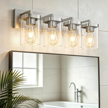 4-Light Bathroom Lighting Fixtures over Mirror, Brushed Nickel Vanity Lights with Square Transparent Glass Shade. Modern Bathroom Vanity Light for Mirror Kitchen, Living Room, Gallery, Hallway