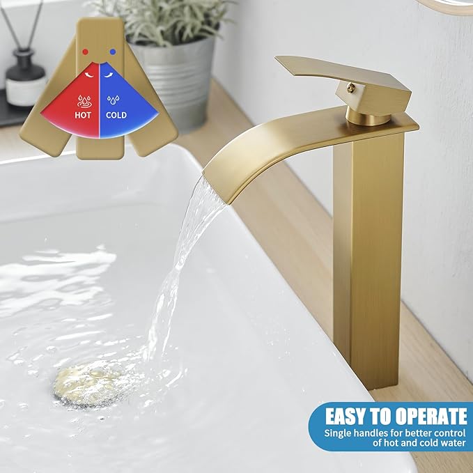 RUMOSE Tall Brushed Gold Bathroom Faucet with Pop Up Drain Modern Single Handle One Hole Bathroom Vessel Sink Faucet Waterfall Spout Rv Lavatory Vanity Faucet Deck Mount Mixer Tap, Stainless Steel