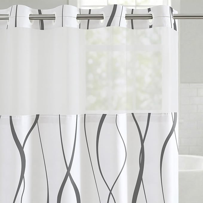 Americanflat 72x75 Hookless Shower Curtain - Water-Resistant Soft Waves Shower Curtain with Sheer Panel, Snap-in Liner, and Durable Grommets - 100% Polyester - Black and White