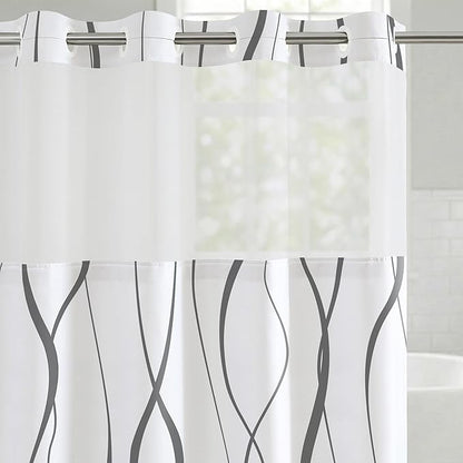 Americanflat 72x75 Hookless Shower Curtain - Water-Resistant Soft Waves Shower Curtain with Sheer Panel, Snap-in Liner, and Durable Grommets - 100% Polyester - Black and White