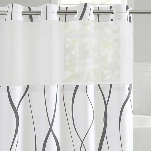 Americanflat 72x75 Hookless Shower Curtain - Water-Resistant Soft Waves Shower Curtain with Sheer Panel, Snap-in Liner, and Durable Grommets - 100% Polyester - Black and White