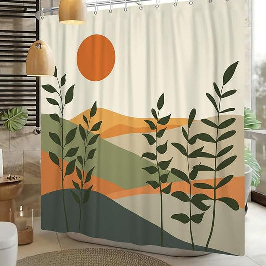 Boho Mid Century Shower Curtain for Bathroom Modern Abstract Sun Botanical Leaves Bath Curtain Neutral Minimalist Plant Waterproof Fabric Bathroom Decor Set with Hooks 72x84 inch