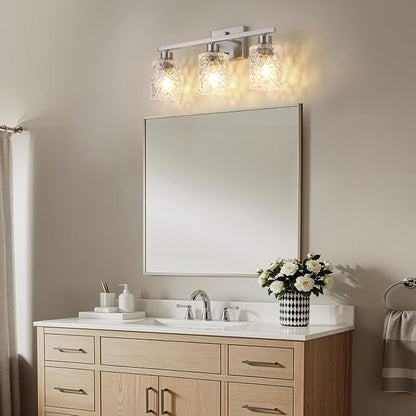 Mecgirn Stainless Steel Bathroom Vanity Light Over Mirror, 3 Light Brushed Nickel Bathroom Light Fixtures with Textured Glass Shades, Ceramic E26 Sockets Wall Mounted