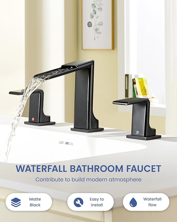 Matte Black Bathroom Sink Faucet 3 Hole - 8 Inch Waterfall Vanity Faucets with Pop Up Drain - Modern Widespread 2 Handles Bathroom Faucet for Farmhouse, Restroom, Lavatory