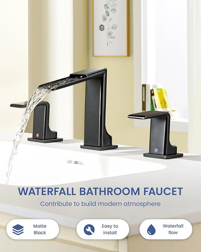 Matte Black Bathroom Sink Faucet 3 Hole - 8 Inch Waterfall Vanity Faucets with Pop Up Drain - Modern Widespread 2 Handles Bathroom Faucet for Farmhouse, Restroom, Lavatory