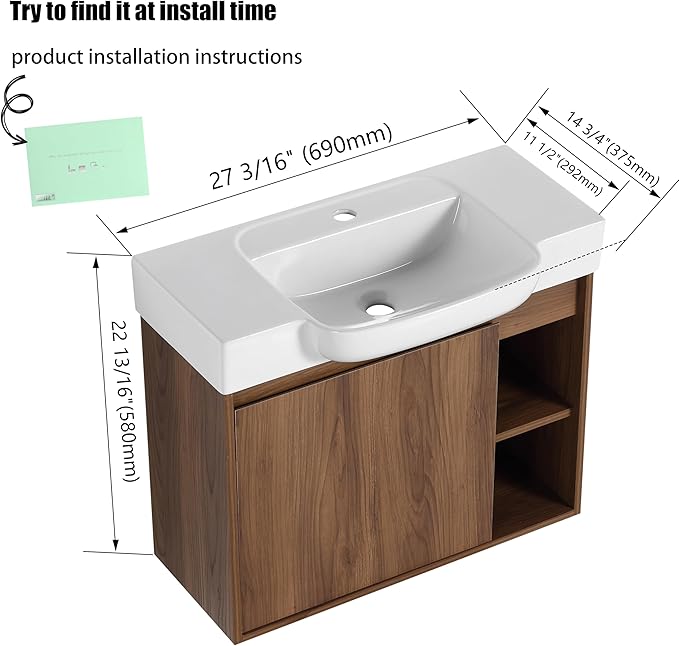 28 Inch Floating Vanity, 28" Bathroom Vanity with Sink, Single Sink Wall Mounted Vanity Combo, Modern Brown Bathroom Vanity Set with 1 Door