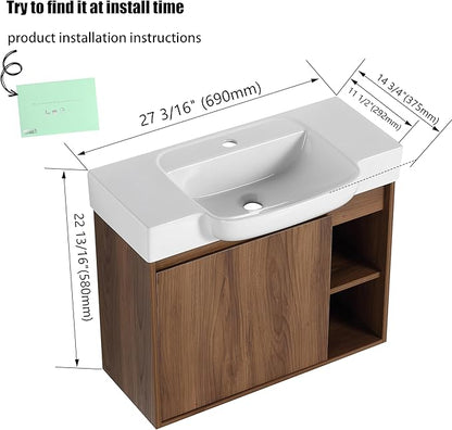 28 Inch Floating Vanity, 28" Bathroom Vanity with Sink, Single Sink Wall Mounted Vanity Combo, Modern Brown Bathroom Vanity Set with 1 Door