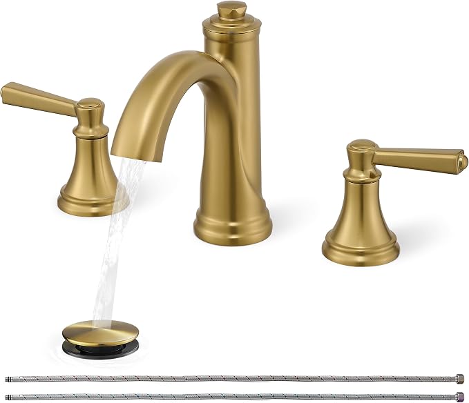 Bathroom Sink Faucet 3 Hole, 8 Inch Gold Bathroom Faucet with Drain | Lead-Free Brass, Widespread 2 Handles, Pre-installed cUPC Supply Hoses, For Rv Lavatory Restroom Vanity, 10 Mins Installation