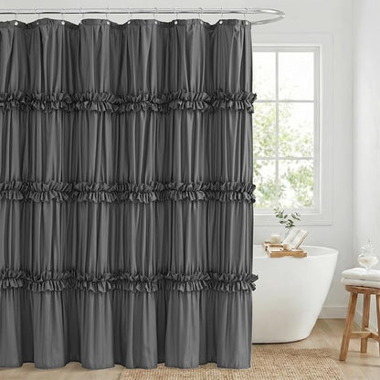 LIPA Boho Rustic Grey Ruffle Shower Curtain 72x72 Inches | Farmhouse Shower Curtains for Bathroom,Water‑Resistant Fabric Shower Curtain,Bohemian Bathroom Decor