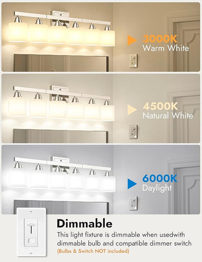 VOLISUN Brushed Nickel Bathroom Light Fixtures, 6-Light Bathroom Vanity Lights Over Mirror, Modern Vanity Light for Bathrooms, Bathrooms Lights Fixtures Over Mirror with Milky White Glass Shades