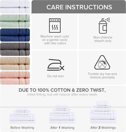 Comfort Spaces Towel Set for Bathroom 6 Piece Luxury Bath Towel Set 2 Hand Towel for Bathroom 2 Washcloth 2 Large Bath White Towel Sets 100% Cotton Quick Dry Towel Zero Twist Soft Lightweight Hotel