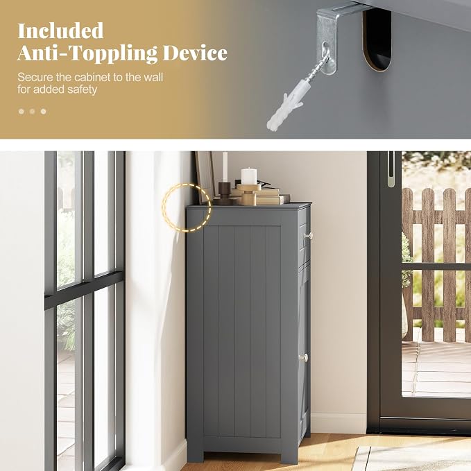 Giantex Floor Bathroom Storage Cabinet with Adjustable Shelf (Grey) | Freestanding Cabinet with Drawer, Door, Anti-Tipping Device, Storage Organizer for Sofa Side, Bathroom, Living Room