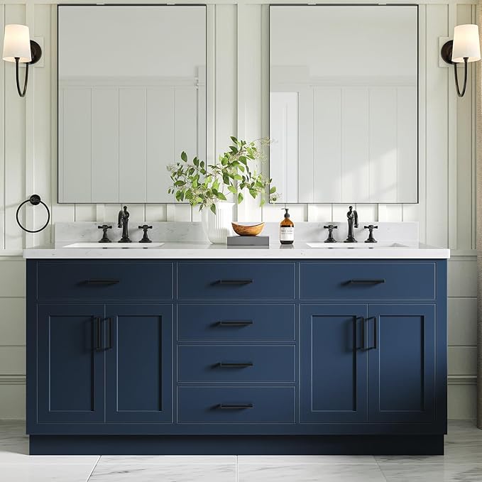 ARIEL Hepburn 72-inch Bathroom Vanity with Sink,Solid Wood, 1.5-inch Carrara White Quartz Countertop, Double Rectangular Porcelain Sink, 4 Soft Closing Doors, 6 Dovetail Drawers, Midnight Blue