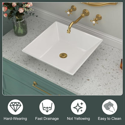 Square Bathroom Vessel Sink | Beslend 16"x16" Inch White Ceramic Porcelain Sink Above Counter Art Sink Basin