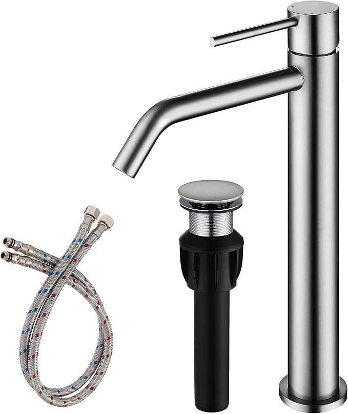 Vessel Sink Faucet Brushed Nickel, JXMMP Bathroom Sink Faucets Without Overflow Pop Up Drain and Water Faucet Supply Lines, Stainless Steel SpotShield Bathroom Faucet for Sink 1 Hole, JXM1001BN