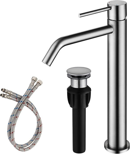 Vessel Sink Faucet Brushed Nickel, JXMMP Bathroom Sink Faucets Without Overflow Pop Up Drain and Water Faucet Supply Lines, Stainless Steel SpotShield Bathroom Faucet for Sink 1 Hole, JXM1001BN