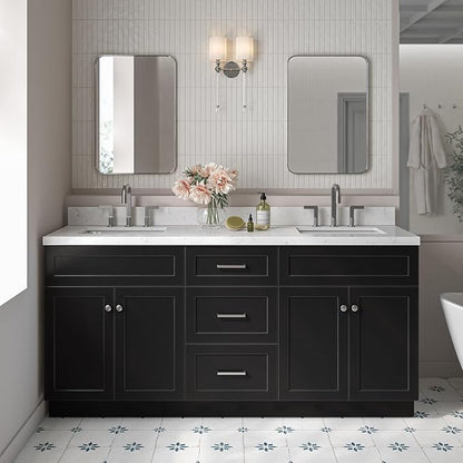ARIEL Hamlet 72-inch Bathroom Vanity with Sink,Solid Wood, 1.5-inch Carrara White Quartz Countertop & Backsplash, Double Rectangular Porcelain Sink, 4 Soft Closing Doors, 3 Dovetail Drawers, Black