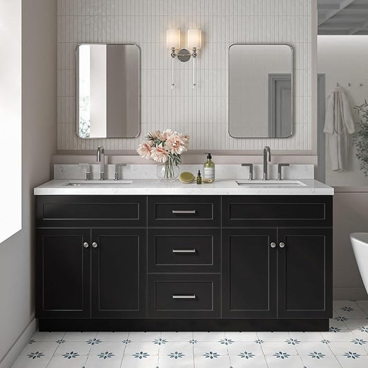 ARIEL Hamlet 72-inch Bathroom Vanity with Sink,Solid Wood, 1.5-inch Carrara White Quartz Countertop & Backsplash, Double Rectangular Porcelain Sink, 4 Soft Closing Doors, 3 Dovetail Drawers, Black